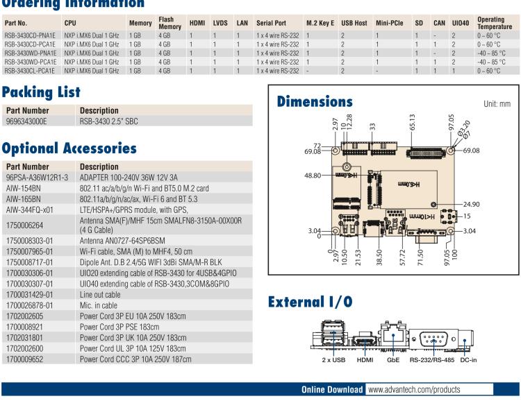 研華RSB-3430 基于NXP Arm Cortex-A9 i.MX6平臺,精簡功能的2.5寸緊湊型單板電腦。搭配UIO20/40可快速擴展各種外設(shè)接口