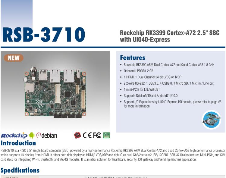 研華RSB-3710 Rockchip RK3399 Cortex-A72 2.5" 單板電腦，帶 UIO40-Express擴展