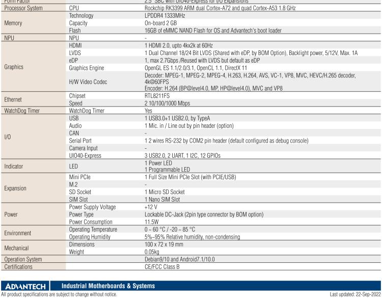 研華RSB-3710 Rockchip RK3399 Cortex-A72 2.5" 單板電腦，帶 UIO40-Express擴展