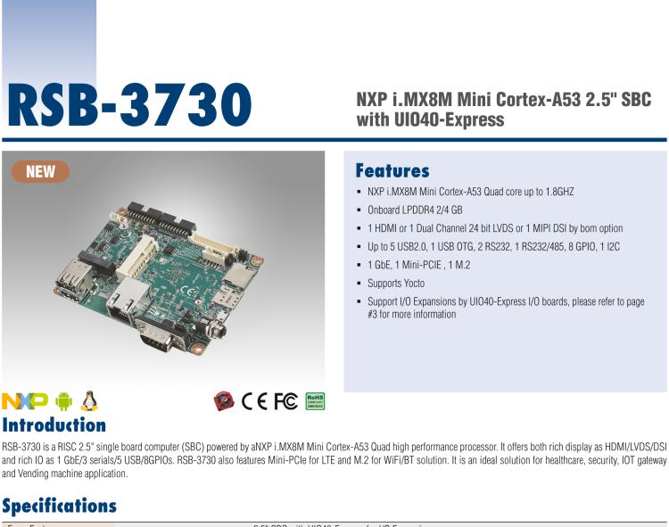 研華RSB-3730 基于NXP i.MX8M Cortex-A53 2.5" 單板電腦, 支持 UIO40-Express擴(kuò)展