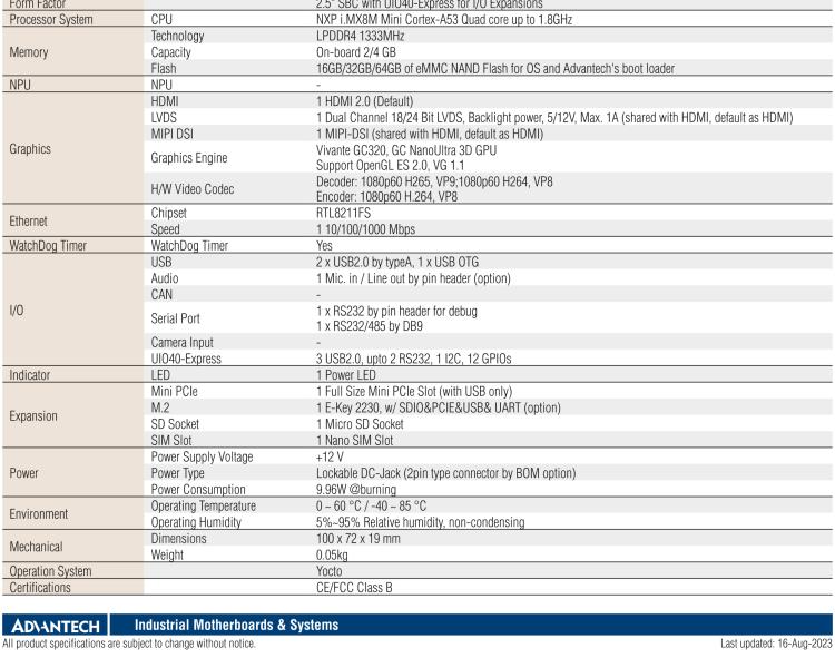 研華RSB-3730 基于NXP i.MX8M Cortex-A53 2.5" 單板電腦, 支持 UIO40-Express擴(kuò)展