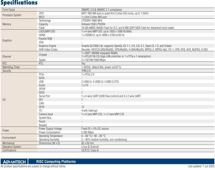 研華ROM-5720 基于NXP i.MX8M SMARC2.0 Arm核心板 ,支持4K顯示，豐富的I/O接口