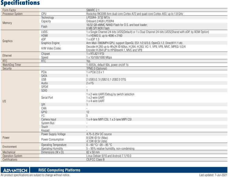 研華ROM-5780 Rockchip RK3399 Cortex?-A72+A53 SMARC 2.1 核心模塊