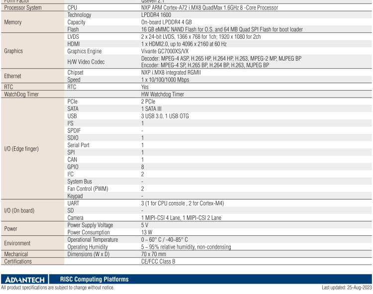 研華ROM-7720 基于NXP i.MX 8QM Qseven Arm核心模塊，多核異構，具備優(yōu)異的計算及圖形顯示性能