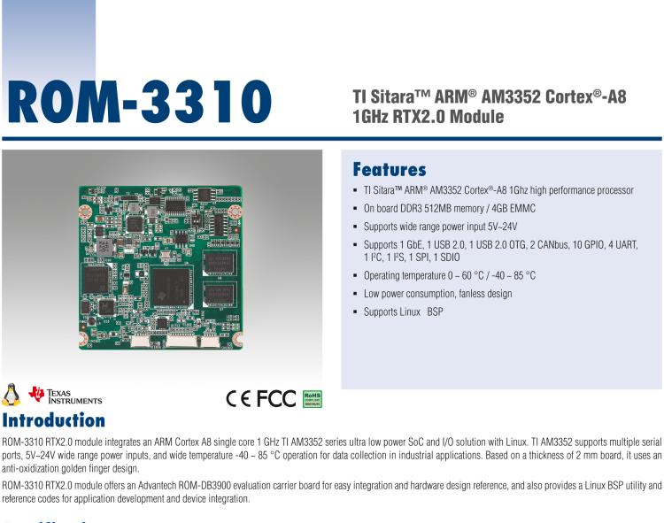 研華ROM-3310 基于TI AM3352 Cortex A8 1GHz RTX 2.0 的標(biāo)準(zhǔn)核心板，適用于寬溫抗震等工業(yè)自動(dòng)化領(lǐng)域