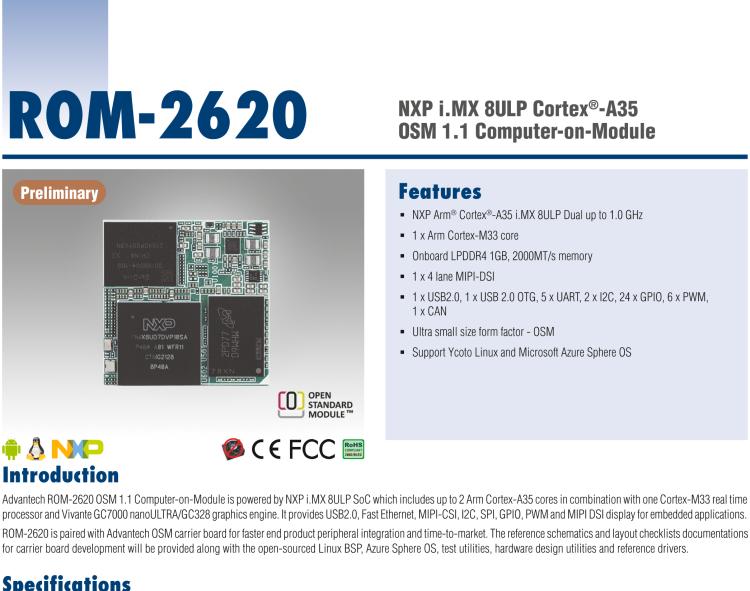 研華ROM-2620 NXP i.MX 8ULP Cortex?-A35 OSM 1.1 Computer-on-Module