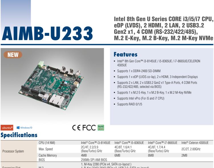 研華AIMB-U233 板載Intel 第8代 U系列 Core i3/i5/i7 處理器。低功耗高性能，無(wú)風(fēng)扇設(shè)計(jì)。