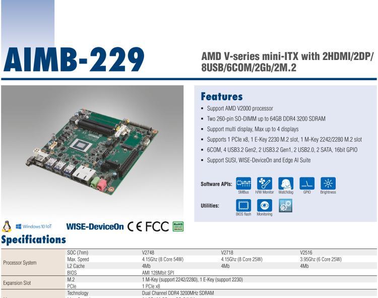 研華AIMB-229 板載AMD V2000系列8核/16線程CPU。視頻圖像處理性能強(qiáng)勁，接口豐富，超薄緊湊設(shè)計(jì)。