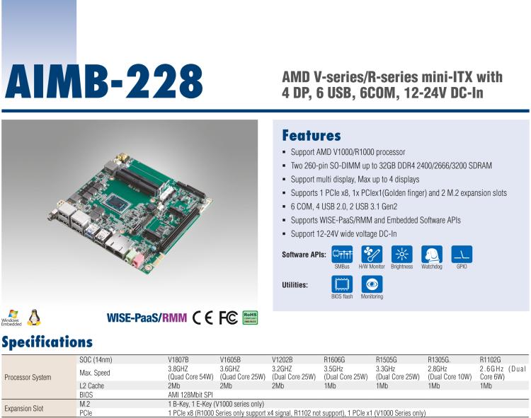 研華AIMB-228 板載AMD V系列/R系列處理器。超薄設(shè)計，支持寬壓，廣泛應(yīng)用在圖像處理、醫(yī)療影像等行業(yè)上。