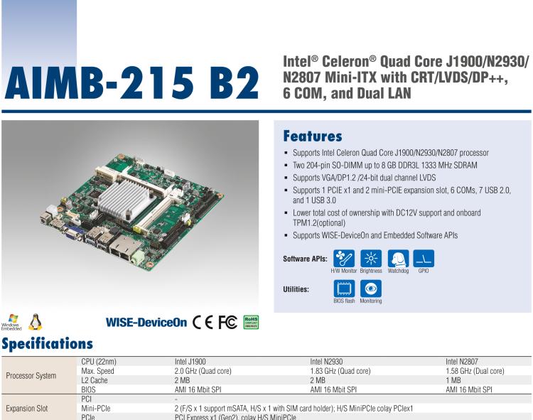 研華AIMB-215 板載Intel? 第4代 賽揚(yáng)處理器。豐富的擴(kuò)展，無風(fēng)扇設(shè)計(jì)，支持寬溫寬壓。