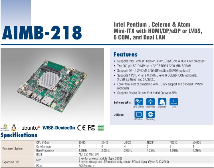 研華AIMB-218 板載Intel? 第8代 奔騰/賽揚(yáng)/凌動(dòng)系列處理器。支持獨(dú)立三顯，超薄緊湊，無風(fēng)扇設(shè)計(jì)，支持寬溫。