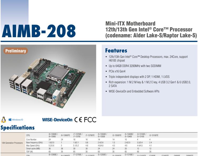 研華AIMB-208 適配Intel 第12/13代 Core i/奔騰系列處理器，搭載H110芯片組。高性?xún)r(jià)比，擁有豐富的擴(kuò)展接口，通用性強(qiáng)，穩(wěn)定可靠。