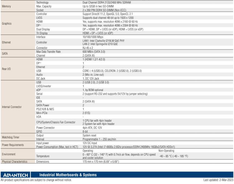 研華AIMB-232 板載Intel? 第6/7代 Core? i/賽揚(yáng) 處理器。超薄設(shè)計(jì)，無風(fēng)扇設(shè)計(jì)，支持寬溫。