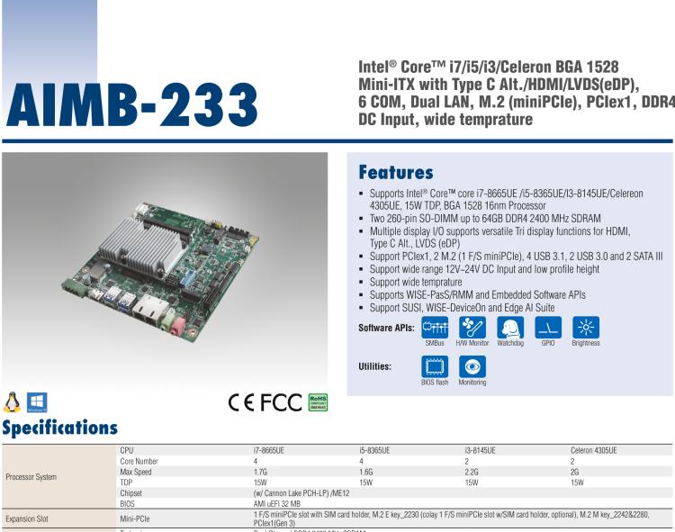 研華AIMB-233 板載Intel? 第8代 Core i 處理器。擁有Type C接口，滿足各類(lèi)擴(kuò)展需求。低功耗，超薄緊湊，無(wú)風(fēng)扇設(shè)計(jì)，支持寬溫寬壓，性能強(qiáng)勁。