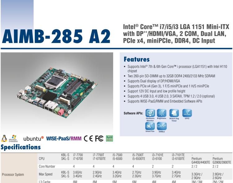 研華AIMB-285 適配Intel? 第6/7代 Core? i 處理器，搭載H110芯片組。超薄緊湊，是理想的高性價比解決方案。