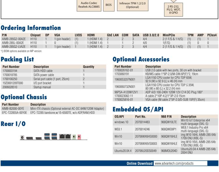 研華AIMB-285 適配Intel? 第6/7代 Core? i 處理器，搭載H110芯片組。超薄緊湊，是理想的高性價比解決方案。