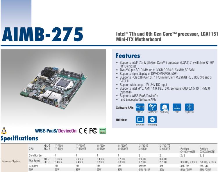 研華AIMB-275 適配Intel? 第6/7代 Core? i 處理器，搭載Intel Q170/H110芯片組。性能強勁，接口豐富。