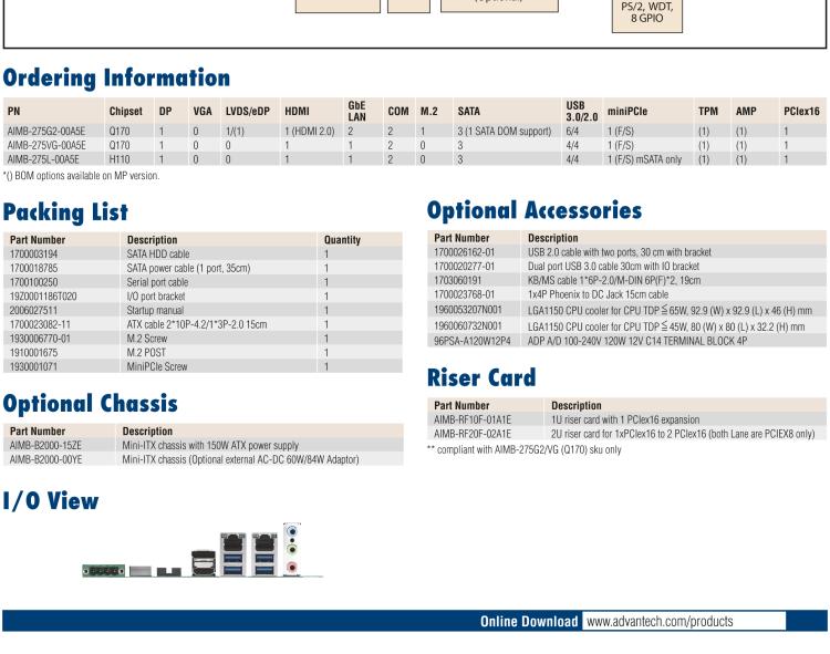 研華AIMB-275 適配Intel? 第6/7代 Core? i 處理器，搭載Intel Q170/H110芯片組。性能強勁，接口豐富。