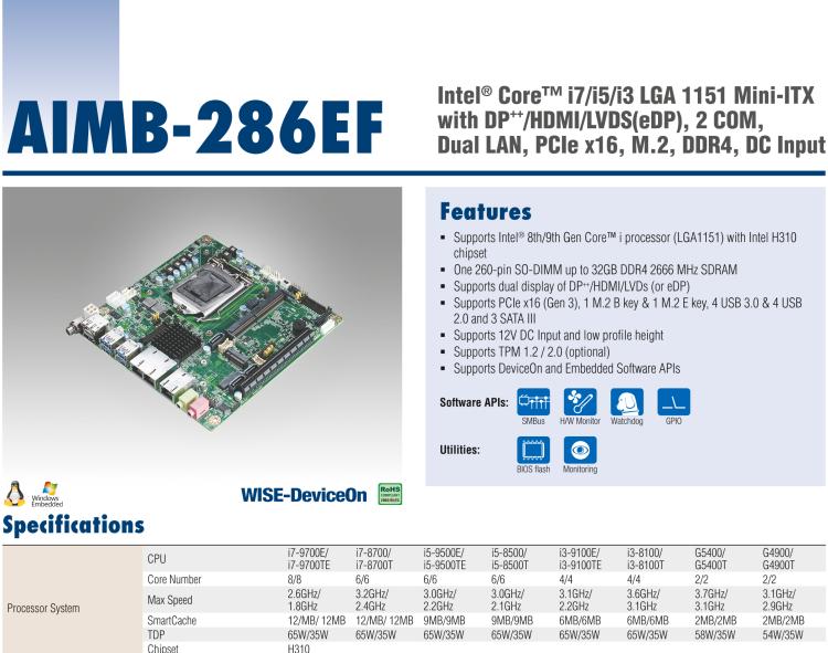 研華AIMB-286EF 適配Intel 第8/9代 Core i 處理器，搭載Intel H310芯片組。擁有1個(gè)PCIe x16插槽。超薄設(shè)計(jì)，接口豐富，是高端應(yīng)用中的高性價(jià)比方案。