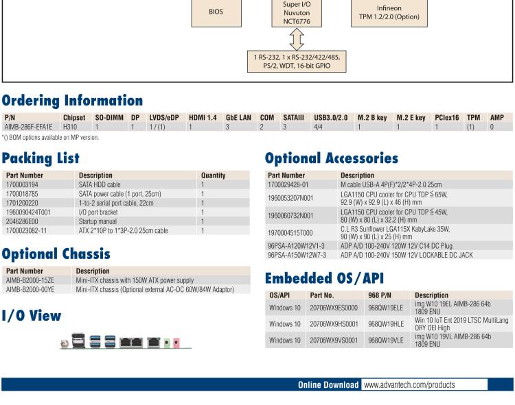 研華AIMB-286EF 適配Intel 第8/9代 Core i 處理器，搭載Intel H310芯片組。擁有1個(gè)PCIe x16插槽。超薄設(shè)計(jì)，接口豐富，是高端應(yīng)用中的高性價(jià)比方案。