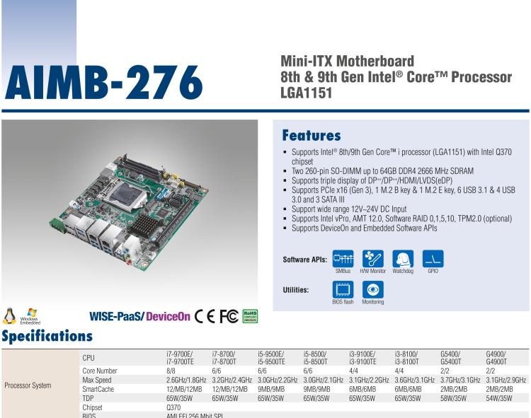 研華AIMB-276 適配Intel 第8/9代 Core?i7/i5/i3 處理器，搭載Q370芯片組。超高性能，是邊緣計算、AI視頻檢測等理想解決方案。