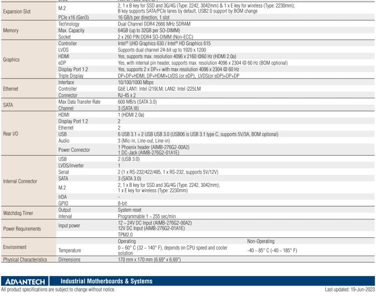 研華AIMB-276 適配Intel 第8/9代 Core?i7/i5/i3 處理器，搭載Q370芯片組。超高性能，是邊緣計算、AI視頻檢測等理想解決方案。