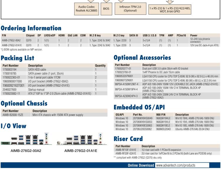 研華AIMB-276 適配Intel 第8/9代 Core?i7/i5/i3 處理器，搭載Q370芯片組。超高性能，是邊緣計算、AI視頻檢測等理想解決方案。