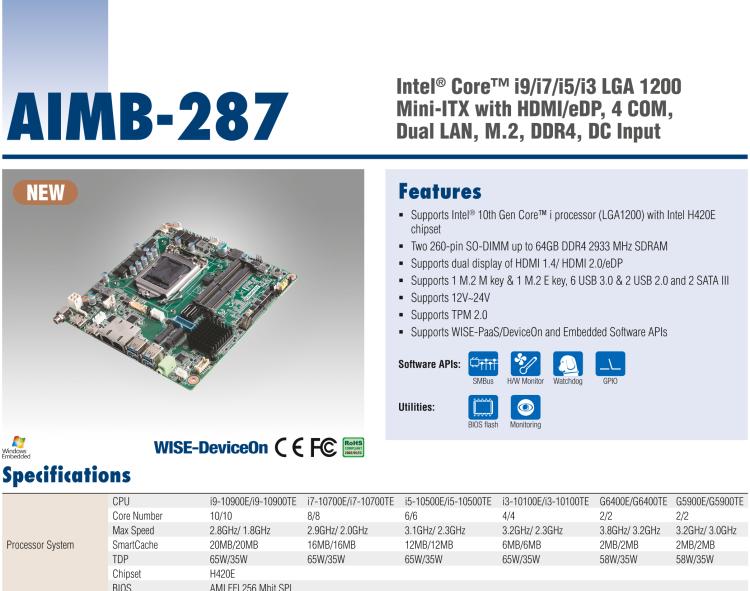 研華AIMB-287 適配Intel? 第10代 Core? i 系列處理器，搭載H420E芯片組。超薄設(shè)計(jì)，性能強(qiáng)勁。