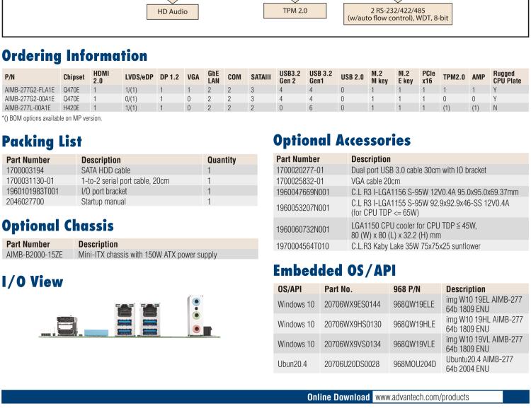 研華AIMB-277 適配Intel? 第10代 Core? i 系列處理器，搭載Q470E芯片組。性能強(qiáng)勁，適用于高端應(yīng)用領(lǐng)域。