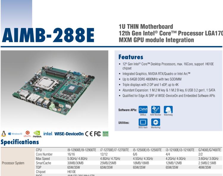 研華AIMB-288E 板載Intel 第12代 Core i 桌面級(jí)CPU。橫向顯卡插槽，搭配NVIDIA Quadro T1000 MXM顯卡。超薄散熱設(shè)計(jì)，高性能選擇方案。