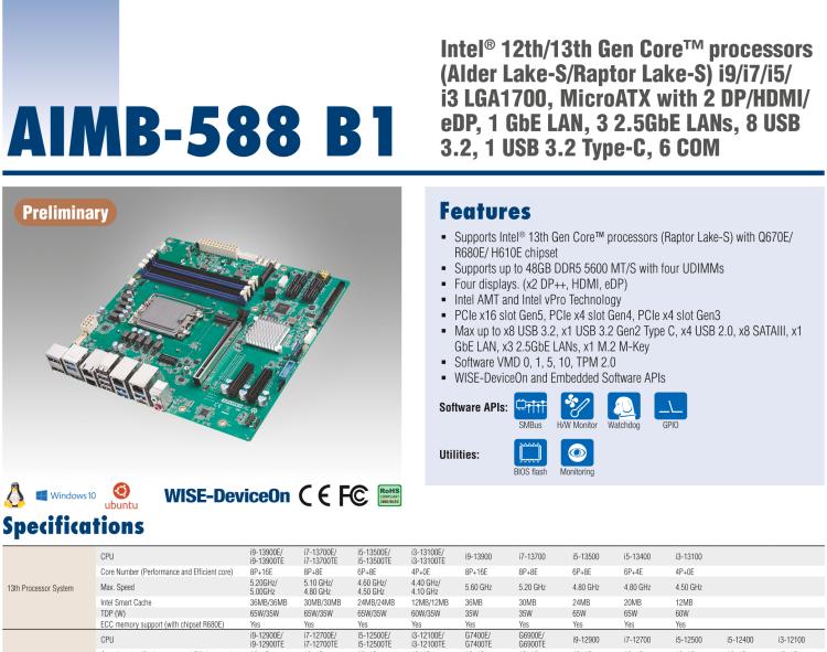 研華AIMB-588B1 適配Intel 第12/13代 Core i/奔騰系列處理器，搭載Q670E/R680E/H610E芯片組。性能可達(dá)服務(wù)器級(jí)別，獨(dú)立四顯，具備專業(yè)的圖像處理能力，是理想的行業(yè)解決方案。