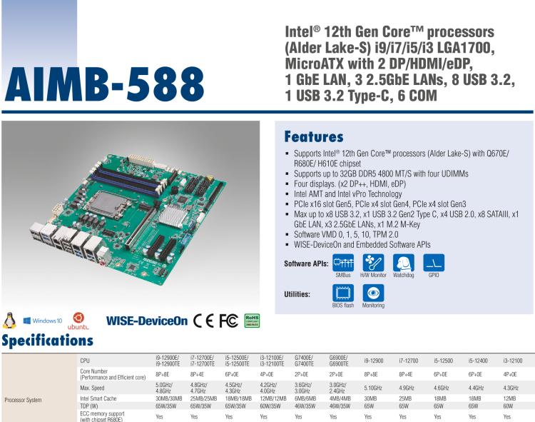 研華AIMB-588 適配Intel 第12代 Core i 系列處理器，搭載Q670E/ R680E/ H610E芯片組。高性能可達服務器級別高端產(chǎn)品，獨立四顯，專業(yè)的圖像處理能力，是理想的行業(yè)解決方案。