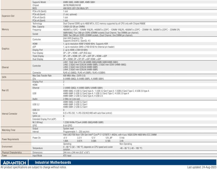 研華AIMB-588 適配Intel 第12代 Core i 系列處理器，搭載Q670E/ R680E/ H610E芯片組。高性能可達服務器級別高端產(chǎn)品，獨立四顯，專業(yè)的圖像處理能力，是理想的行業(yè)解決方案。