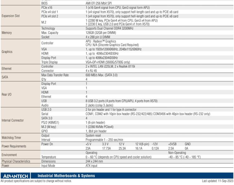 研華AIMB-522 適配AMD Ryzen? AM4 5000系列處理器，搭載X570芯片組。具有豐富接口，雙千兆網(wǎng)口和雙2.5GbE網(wǎng)口設(shè)計，用于自動化和人工智能圖像處理等高端行業(yè)。