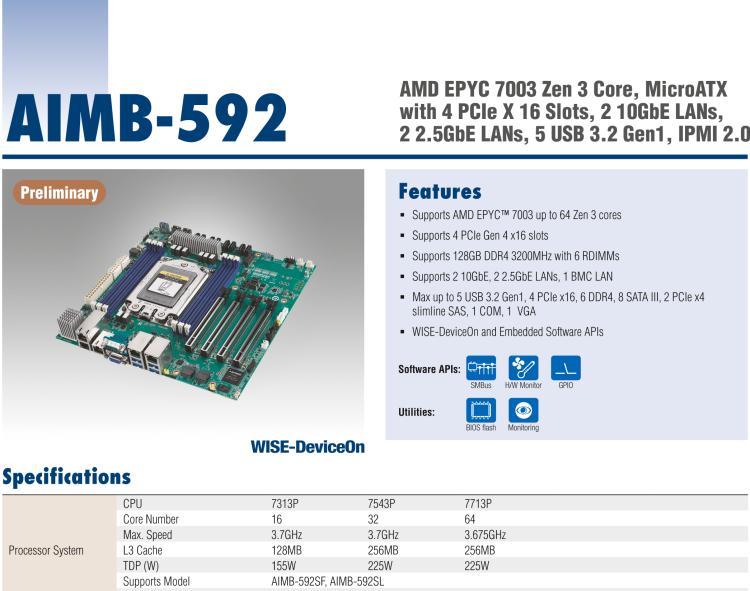 研華AIMB-592 適配AMD EPYC 7003系列處理器。性能達(dá)到服務(wù)器級(jí)別，4路PCIe x16滿足各類拓展需求，可做小型工作站、小型視覺(jué)圖像處理服務(wù)器使用。