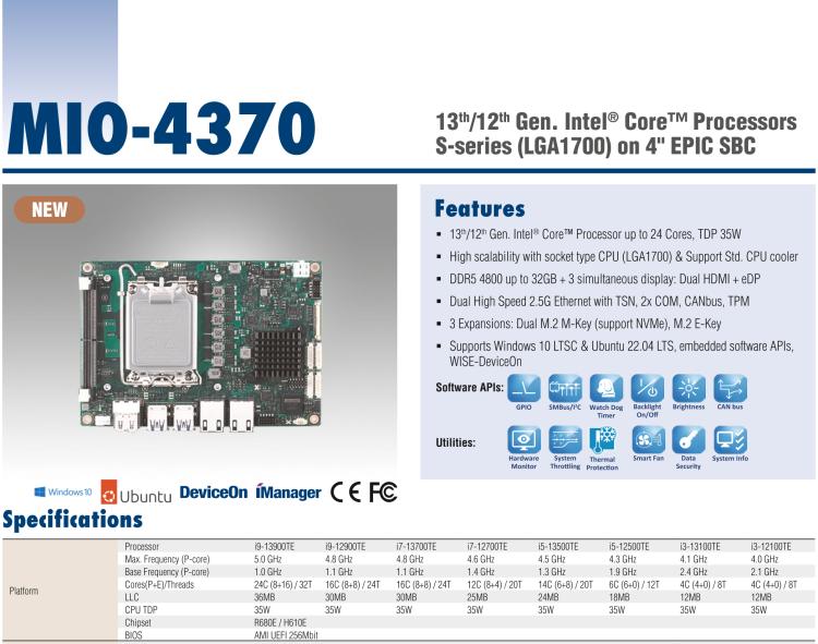 研華MIO-4370 基于第12代Intel Core處理器（Alder Lake-S系列，LGA1700 socket CPU）， 4" EPIC 單板電腦