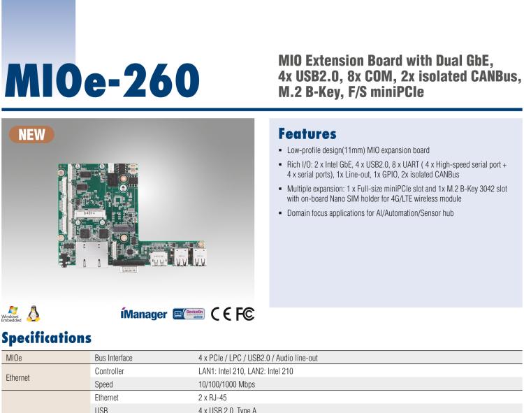 研華MIOe-260 M.2 B-key，高速 miniPCIe，雙Intel LAN，4個USB2.0、8個COM