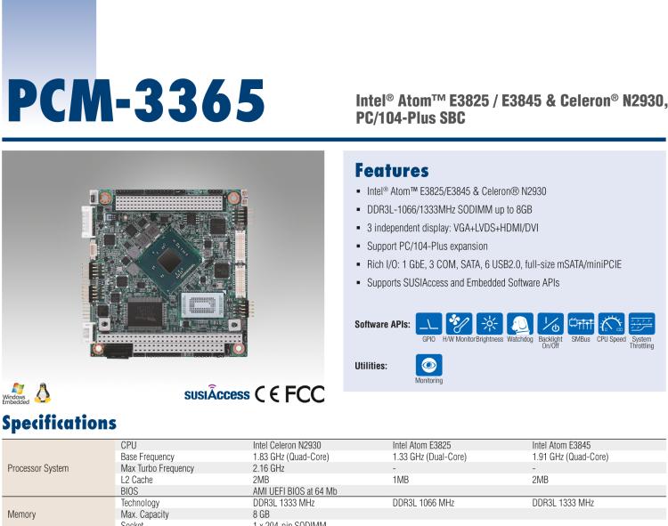 研華PCM-3365 英特爾第四代凌動?Atom?E3825 / E3845＆賽揚?N2930，PC / 104-Plus嵌入式主板，ISA，VGA，HDMI / DVI，LVDS，6 USB，mSATA或板載SSD