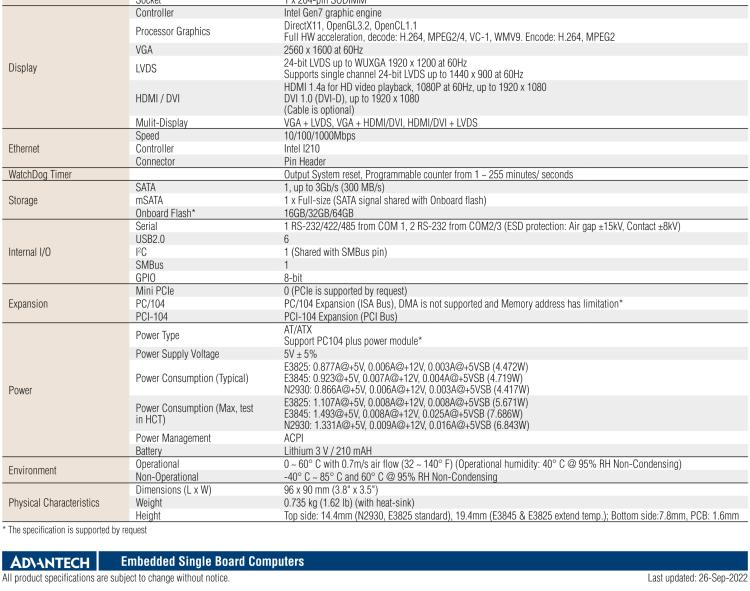 研華PCM-3365 英特爾第四代凌動?Atom?E3825 / E3845＆賽揚?N2930，PC / 104-Plus嵌入式主板，ISA，VGA，HDMI / DVI，LVDS，6 USB，mSATA或板載SSD