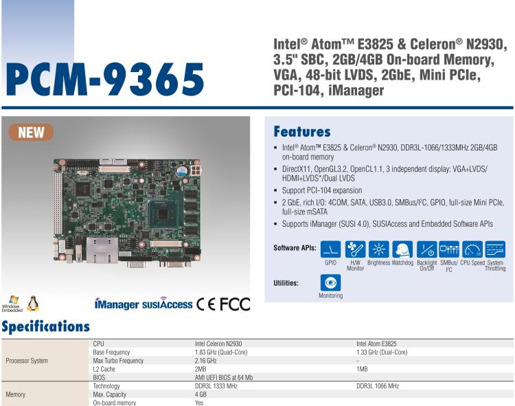 研華PCM-9365 第四代ATOM PCI-104 3.5寸主板, 搭載E3825，N2930 CPU，2GB/4GB內(nèi)存在板，VGA, 18/24-bit LVDS, 2GbE, Mini PCIe, PCI-104, iManager