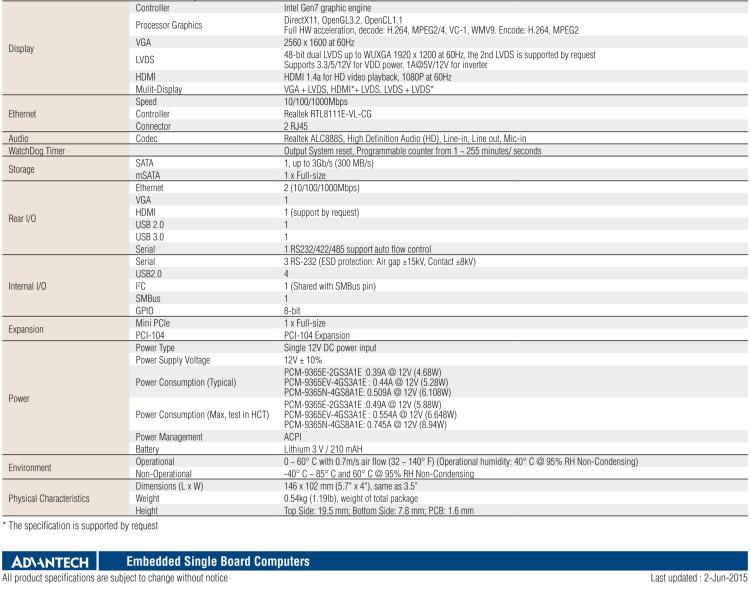 研華PCM-9365 第四代ATOM PCI-104 3.5寸主板, 搭載E3825，N2930 CPU，2GB/4GB內(nèi)存在板，VGA, 18/24-bit LVDS, 2GbE, Mini PCIe, PCI-104, iManager