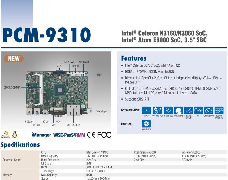 研華PCM-9310 英特爾第五代Atom?賽揚N3160 / N3060 SoC，Intel?Atom E8000 SoC，3.5寸單板電腦，DDR3L，VGA，HDMI，48位LVDS，2GbE，Mini PCIe，mSATA，SUSI API