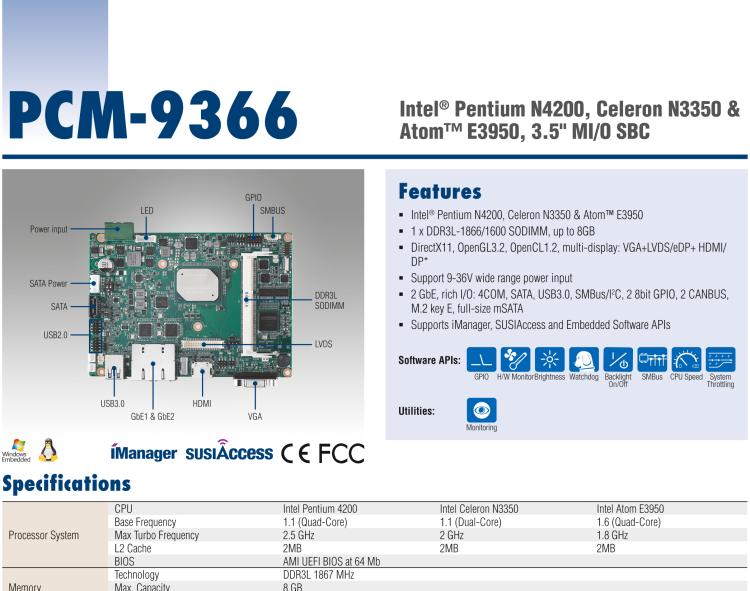 研華PCM-9366 Intel 第六代Atom?奔騰N4200賽揚N3350，3.5寸單板電腦