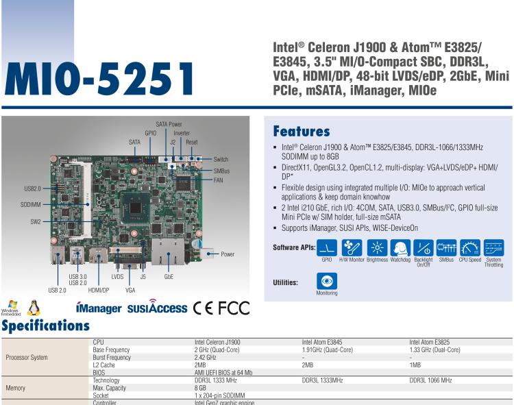 研華MIO-5251 3.5寸MIO單板電腦，采用嵌入式 Intel? Atom? E3825 &Intel? J1900處理器