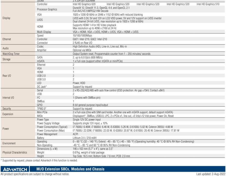 研華MIO-5272 第六/七代 Intel Core-U系列 超極本CPU 低功耗3.5寸單板電腦