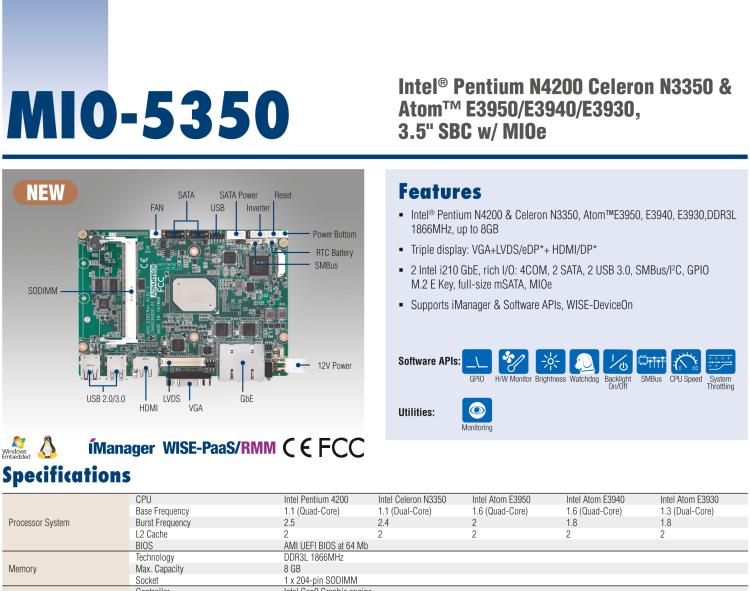 研華MIO-5350 英特爾第六代凌動(dòng) Atom?奔騰N4200/N3350，3.5寸單板電腦