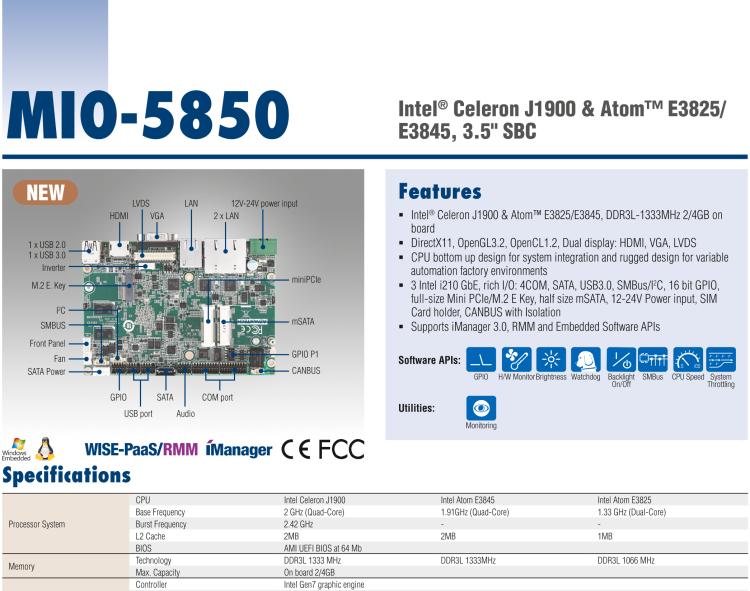 研華MIO-5850 Intel賽揚(yáng)J1900和Atom?E3825 / E3845,3.5“MI / O-Compact SBC，板載DDR3L，3GbE，iManager 3.0,16位GPIO，CANBUS，板載eMMC，12V / 24V電源輸入