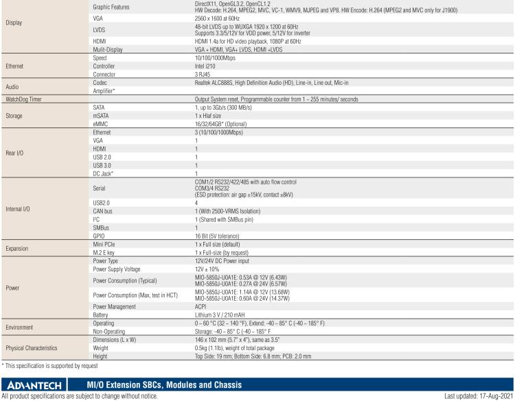 研華MIO-5850 Intel賽揚(yáng)J1900和Atom?E3825 / E3845,3.5“MI / O-Compact SBC，板載DDR3L，3GbE，iManager 3.0,16位GPIO，CANBUS，板載eMMC，12V / 24V電源輸入