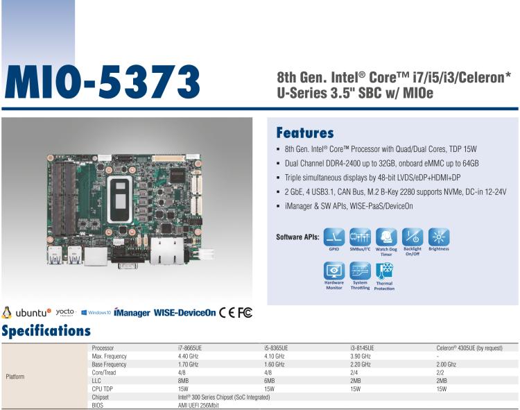 研華MIO-5373 第八代 Intel 低功耗高性能 超極本CPU 3.5寸嵌入式單板，性能提升40%