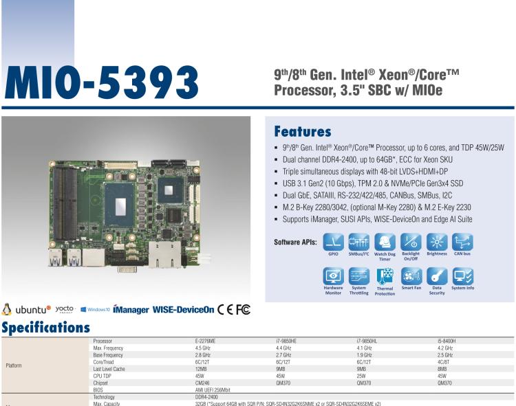 研華MIO-5393 第九代Intel 高性能筆記本CPU 3.5寸小尺寸嵌入式單板，性能提升25%，TDP 45W/25W，支持DDR4 64GB內(nèi)存，2LAN, 4USB 3.1，M.2 2280 Key支持NVMe，-40-85℃寬溫